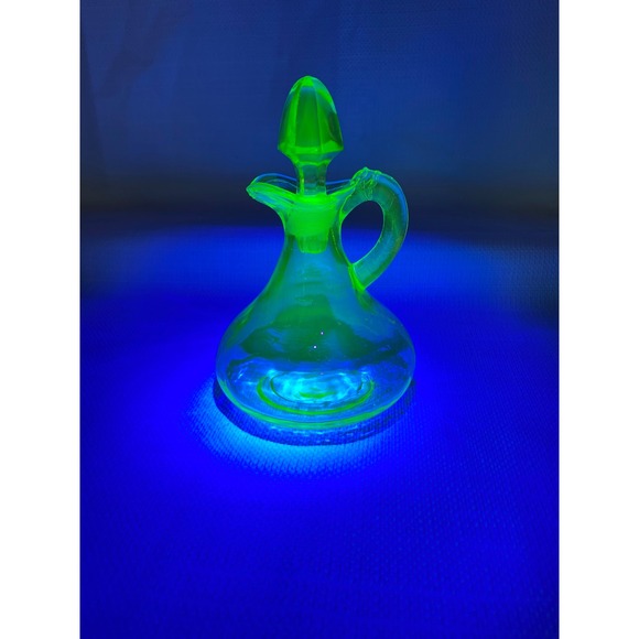 Other - Vintage Uranium Glass Cruet with Stopper Green Vaseline Glass Pitcher UV Glow